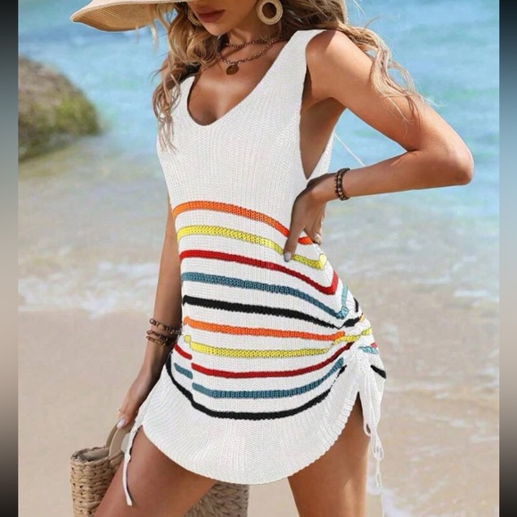 Sexy Knit Ruched Drawing String Swim Bath Suit Cover Up Dress White - Picture 1 of 12